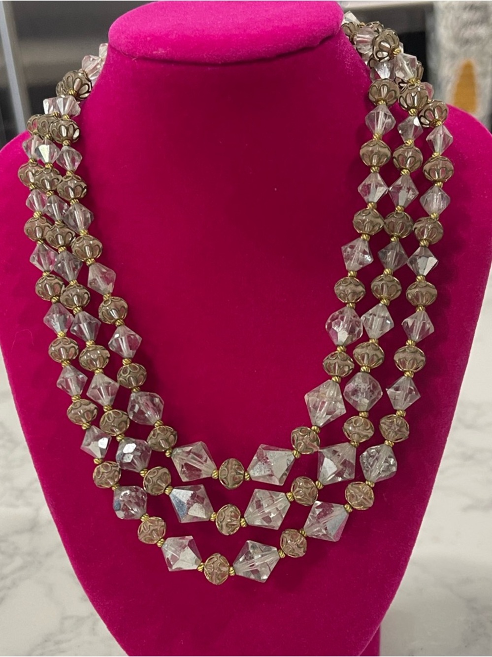 Triple-Strand Clear Crystal and Gold-Tone Bead Necklace